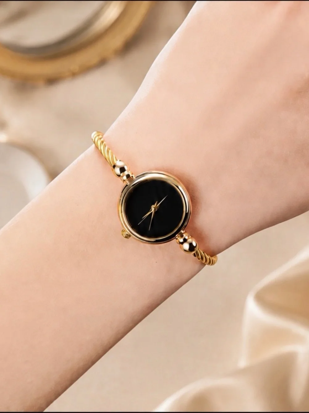 Gold Tone Minimalist Bracelet Watch Black Dial
